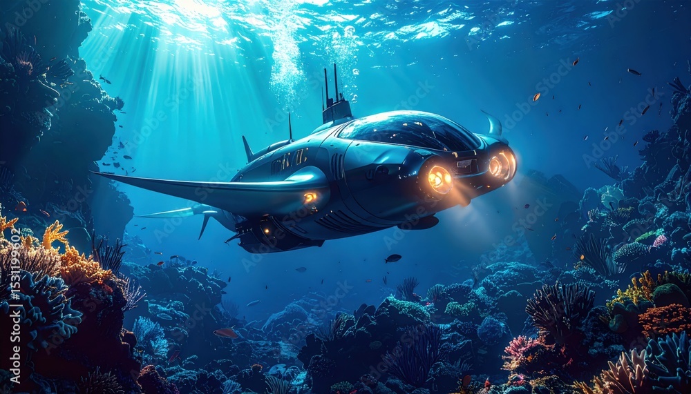 Fototapeta premium Futuristic Submarine Exploring Vibrant Coral Reef Ocean Underwater Scene