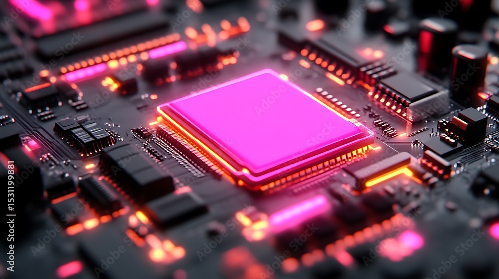 Close-up of a glowing circuit board with a central processor Close-up of a glowing circuit board with a central processor