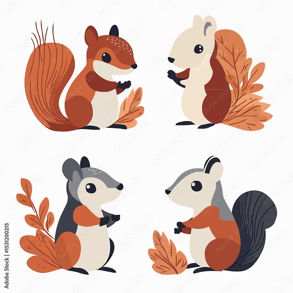 Obraz premium Set of four cute flat minimalist vector squirrels with bushy tails and autumn leaves in warm earthy colors suitable for prints and designs