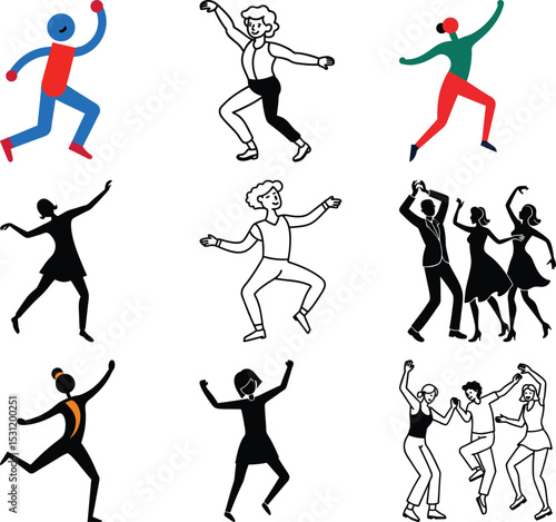 Dancing silhouettes: A collection of dancing figures, showcasing diverse dance moves in a minimalist style. Capturing the elegance of movement and form through silhouettes and line art. 