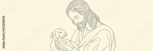 Minimalist continuous line drawing of Jesus Christ holding lamb in hands simple vector illustration religious symbolism shepherd concept gentle care peaceful scene outlined artwork