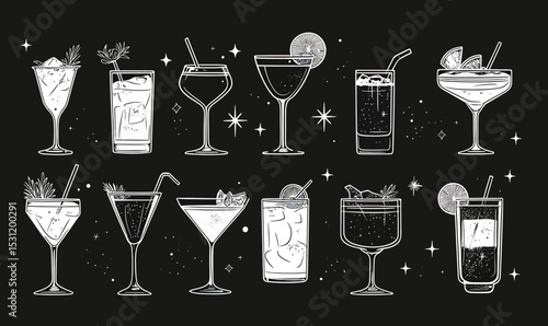Black and white vector illustration of assorted cocktail drinks in various glassware with garnishes and straws in minimalist flat design on dark background