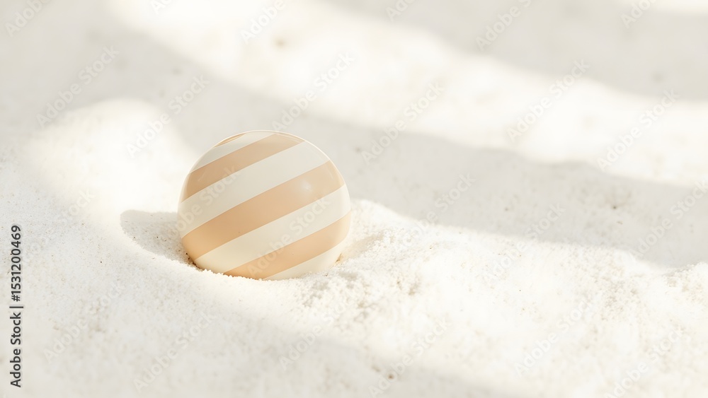Obraz premium Minimalist composition of a striped spherical object partially buried in fine white sand