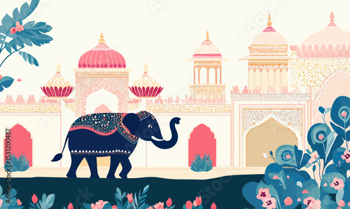 Decorative Mughal architecture with ornate elephant and floral garden in flat minimalist style vector illustration for wedding invitation frame design background