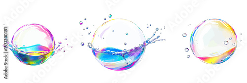 Realistic colorful soap bubbles bursting with water splash droplets isolated on white background set of three rainbow glossy spheres fading and exploding in air vector illustration