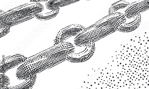 Closeup of black halftone dot textured chain links with grunge stippling effect on white background in minimalist vector style illustration