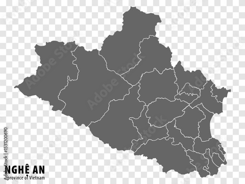 Blank map Nghe An Province of Vietnam. High quality map Nghe An with districts on transparent background for your web site design, logo, app, UI. Vietnam.  EPS10