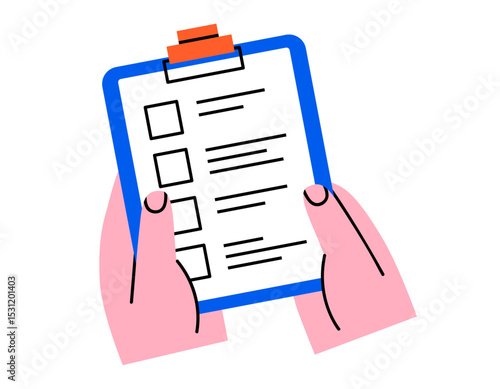 Hand drawn cute cartoon illustration of two hands holding clipboard. Flat vector check list form with empty checkbox sticker doodle. Planning or time management. Todo document in arm icon. Isolated.