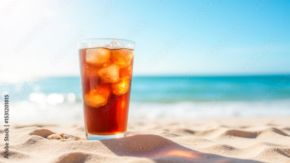 Refreshing Glass of Iced Tea on Soft Sandy Beach with Ocean Waves in Bright Sunshine Refreshing Glass of Iced Tea on Soft Sandy Beach with Ocean Waves in Bright Sunshine