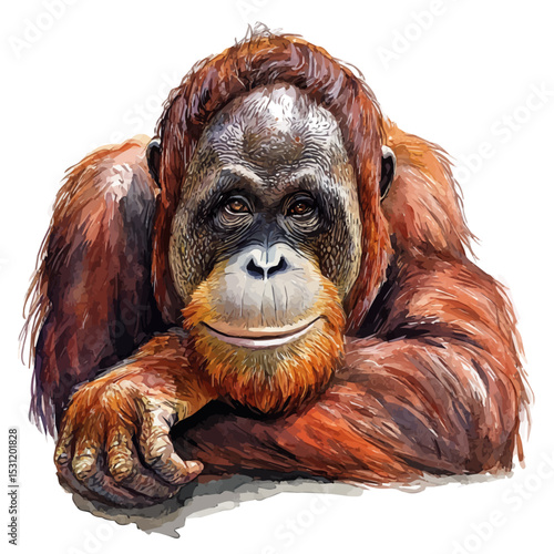 Orangutan, watercolor drawing vector, isolated on a white background.