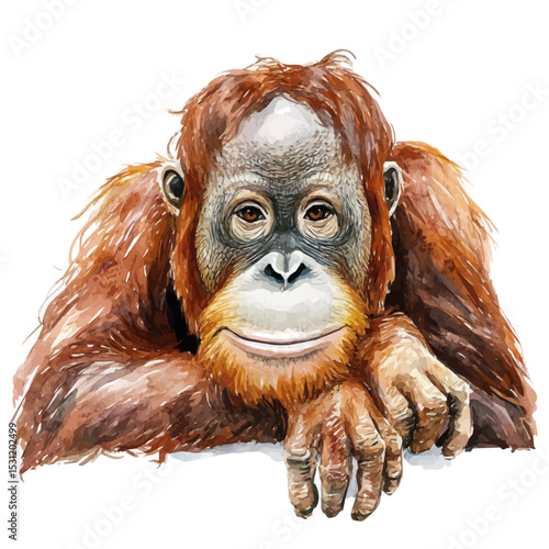 Orangutan, watercolor clipart vector, isolated on a white background.