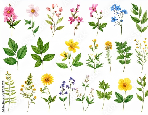 set herbs wild flowers hand drawn