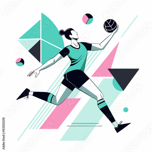 Dynamic Female Athlete Leaping to Catch a Ball in Modern Geometric Style