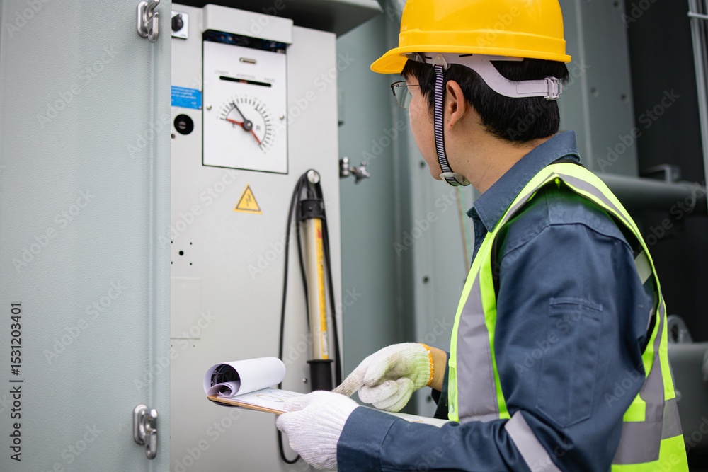 Engineer wearing yellow helmet performs inspection on transformer inside substation with focused attention and safety gear for accurate assessment and maintenance Engineer wearing yellow helmet performs inspection on transformer inside substation with focused attention and safety gear for accurate assessment and maintenance