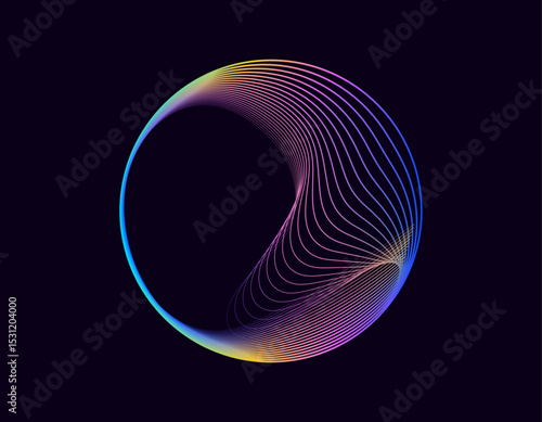 Abstract 3d sphere. Neon gradient curved waves in round shape. Bright spinning circular border. Vector colorful glowing circular tech frame	

