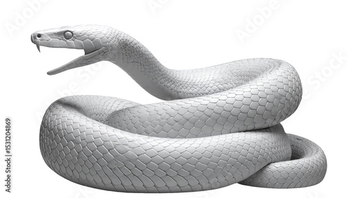 Fototapeta Naklejka Na Ścianę i Meble -  realistic white 3d snake sculpture with open mouth and exposed fangs isolated background showing detailed scales anatomy for biology education and digital design
