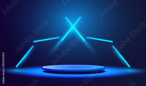 Ai podium with glowing neon lamps symbol X. Xtreme futuristic gaming design. Extra display scene illumination concept. Empty power show room with 3d stage vector background.