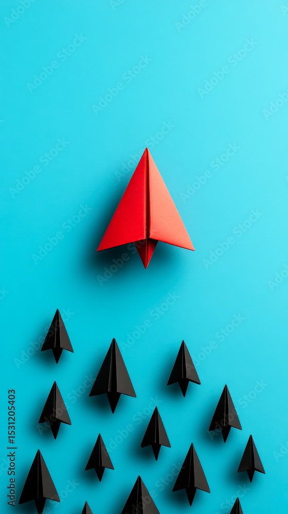 Fototapeta premium A red paper airplane leads a group of smaller black paper airplanes on a bright blue background, symbolizing leadership and standing out from the crowd.