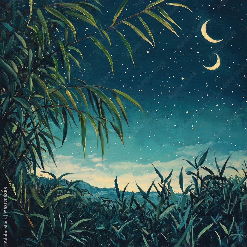 custom made wallpaper toronto digitalLush foliage frames a night sky filled with crescent moons and twinkling stars.  A serene, tranquil scene of greenery and celestial beauty