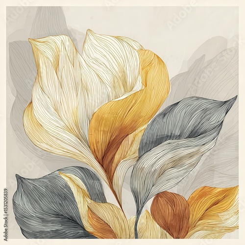 abstract botanical illustration with flowing petal forms, soft beige and pale gold tones on warm grey background, flat decorative wall art style --profile iy8anw9.