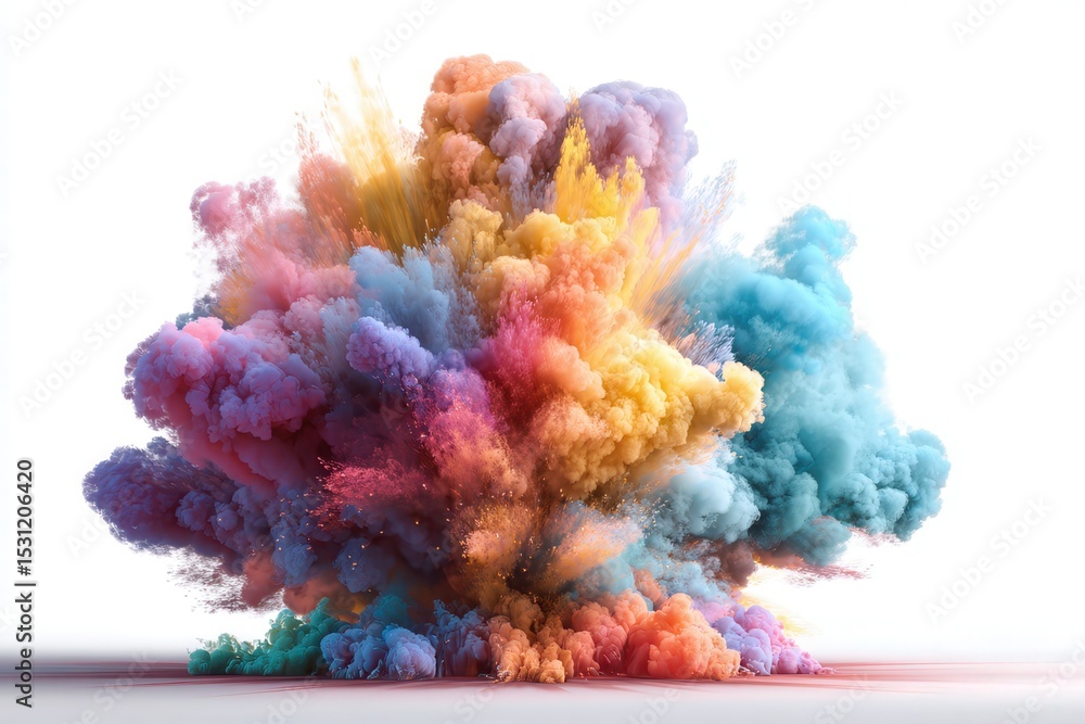 Obraz premium big explosion of distinct colorful powder shooting upward out of the top in dense vibrant smoke trails, isolated against white.