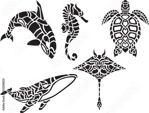 Tribal ocean marine animal art silhouette isolated set Hawaiian decor ornament vector illustration graphic design