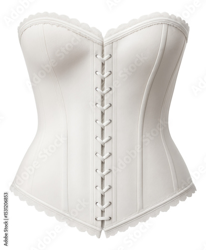 Elegant cream-colored corset with lace trim and front lacing detail on transparent background.