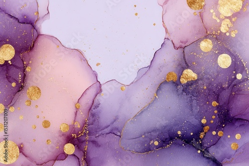 Abstract purple and gold watercolor background with a liquid alcohol ink effect, featuring dots and stains. Vector illustration suitable for wedding invitation card design.