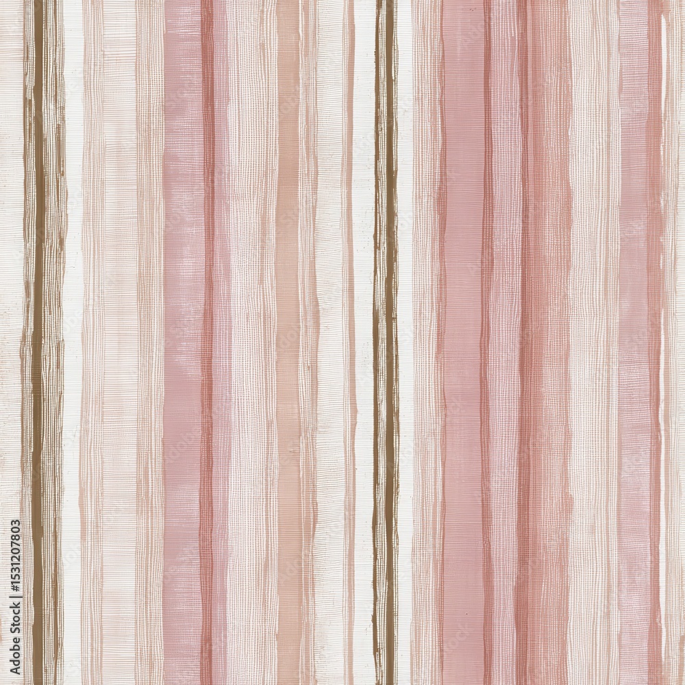 Fototapeta premium A soft vertical stripe print featuring alternating blush pink and beige bands, each enriched with subtle vertical textile textures. A fine dark line defines the division between.