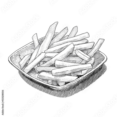 French fries served on a tray, pencil drawing with transparent background