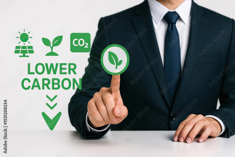 Fototapeta premium Businessman in suit points at green leaf icon, promoting lower carbon, renewable energy, and eco friendly solutions