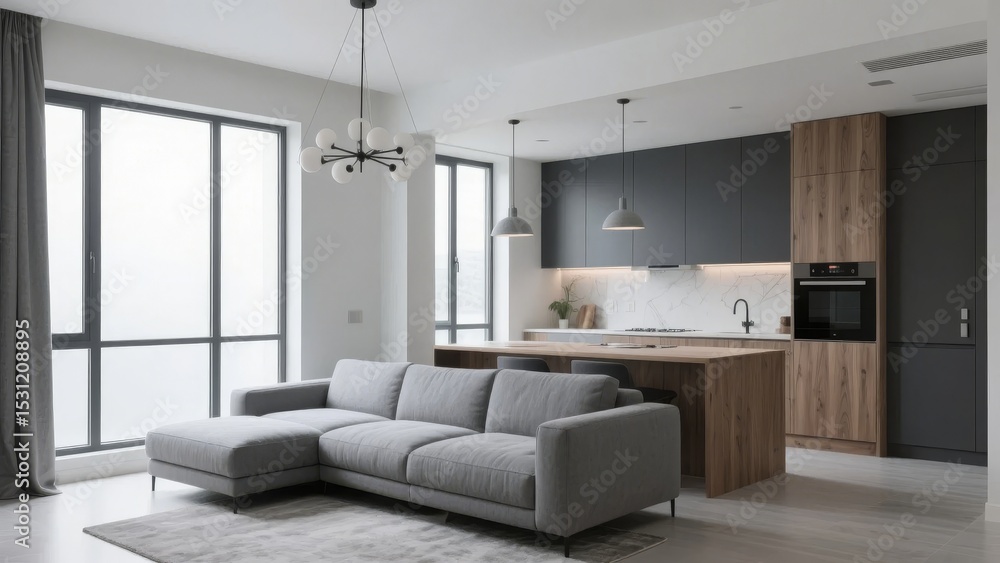 Modern Open-Plan Living and Kitchen Space with Gray Sofa and Wooden Accents Modern Open-Plan Living and Kitchen Space with Gray Sofa and Wooden Accents