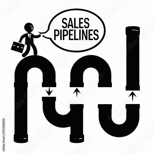 Sales pipelines concept illustrated with businessman and pipe structures