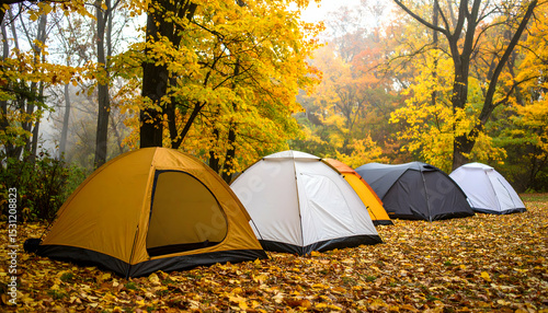 Colorful Tents in Autumn Forest