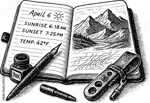 Isometric black-and-white illustration of an open field journal showing a mountain sketch, sunrise data, and temperature notes, accompanied by a pen, ink bottle, and leather strap, in vintage engravin