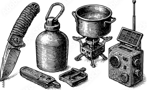 Isometric black-and-white illustration of essential survival gear including a solar radio, folding knife, multi-tool, water bottle, stove, and compass, rendered in detailed engraving style