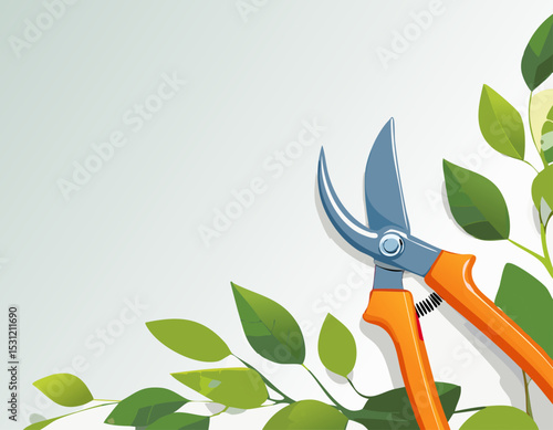 Illustration of garden scissors cutting leafy branches, sharp blue blades and orange grip, surrounded by fresh green leaves, minimal design with copy space.