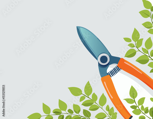 Digital art of hedge clippers and natural foliage in a bright and simple style, minimal yet eye-catching, with copy space for seasonal or promotional use.