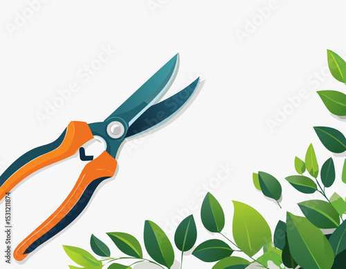 Top view of pruning scissors in action with vivid green leaves, minimal cartoon-like illustration with open background for gardening blog or flyer.