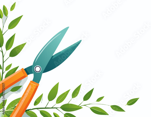 Close-up flat illustration of orange-handled pruning shears cutting fresh green leaves, placed diagonally with clean white background and ample copy space