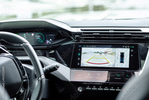 Car's infotainment system with reverse camera display on the dashboard