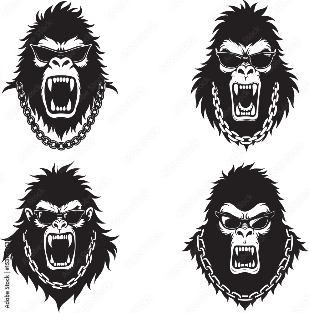Fototapeta premium Set Of Fierce Bigfoot Face Logo Wearing Shades And Chain In Bold Vector Style On White Background