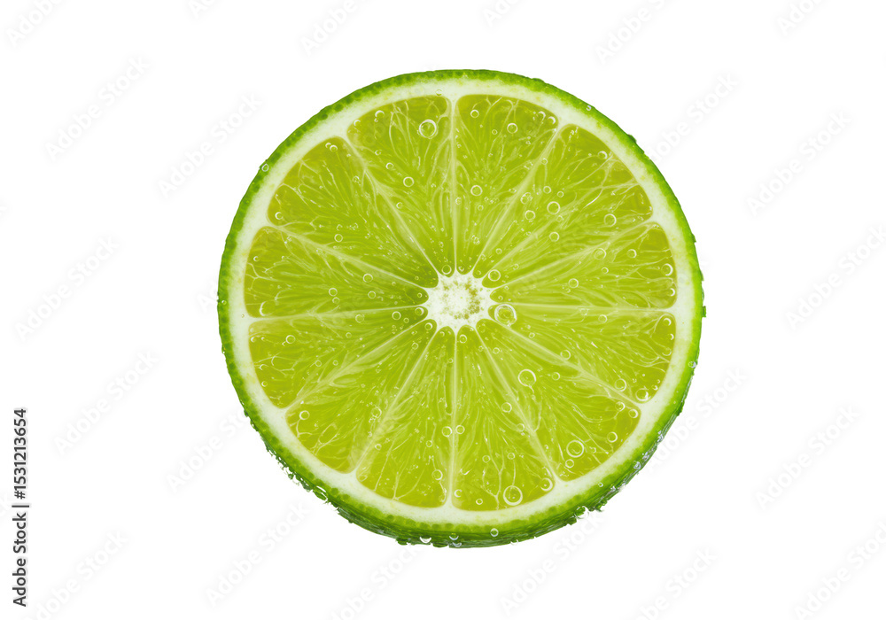 Isolated Vibrant Green Lime Slice with Water Droplets Isolated Vibrant Green Lime Slice with Water Droplets