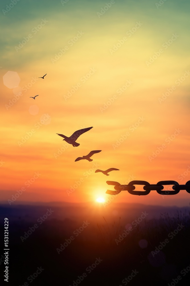 Fototapeta premium Birds flying free at sunset broken chains