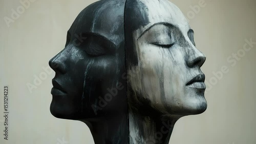 A black and white sculpture of a woman 's head