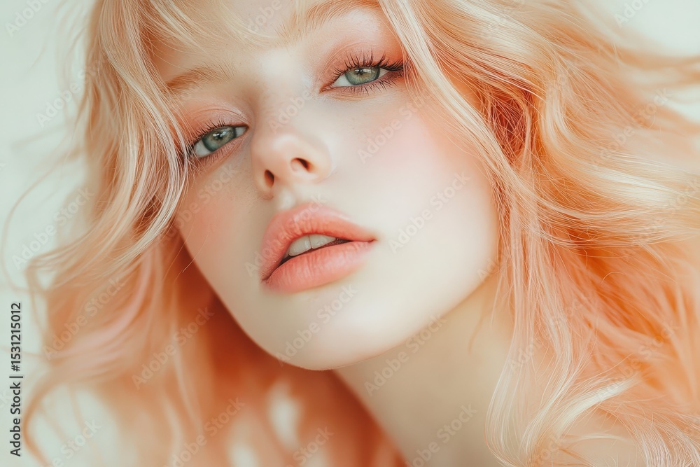Naklejka premium Close-up portrait of a woman with vibrant peach hair and delicate makeup.