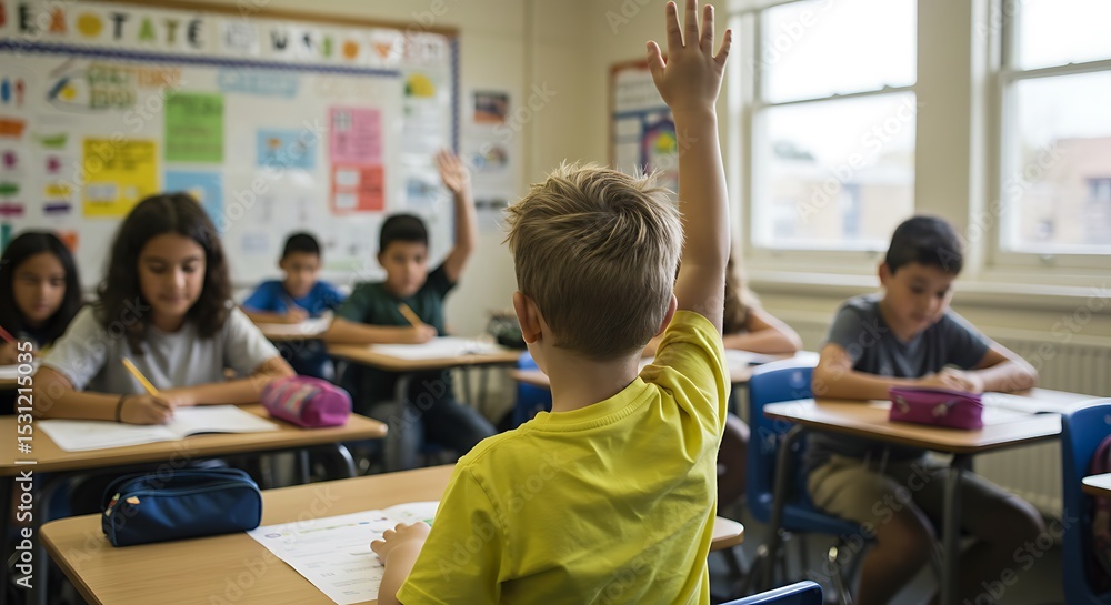 A young student raises their hand in class. A young student raises their hand in class.
