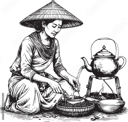 Hand Drawn Asian Woman in Conical Hat Preparing Tea