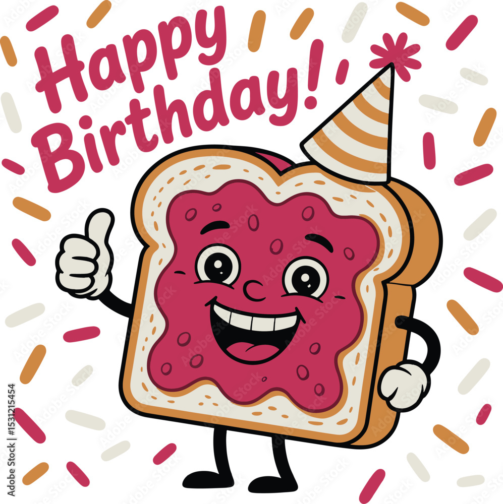 Obraz premium Cheerful toast with jelly character celebrates birthday with party hat and sprinkles