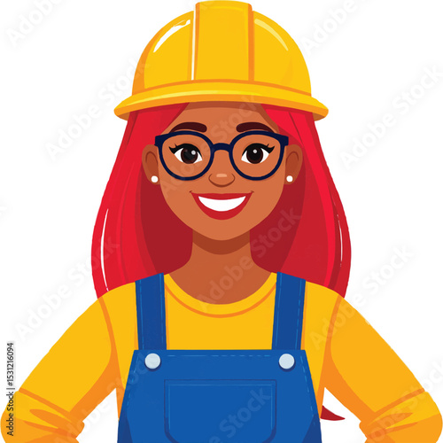 Cartoon illustration of a woman wearing a construction hat and overalls smiling on transparent background